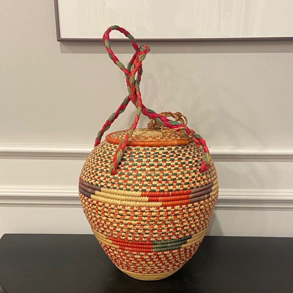 Handmade Rattan Color Coiled Lidded Snake Charmer Basket H-11” African Trib